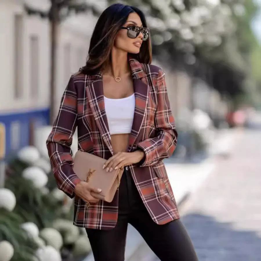 Autumn Plaid Blazer Women Clothing Dark Brown 3 - Ladoj
