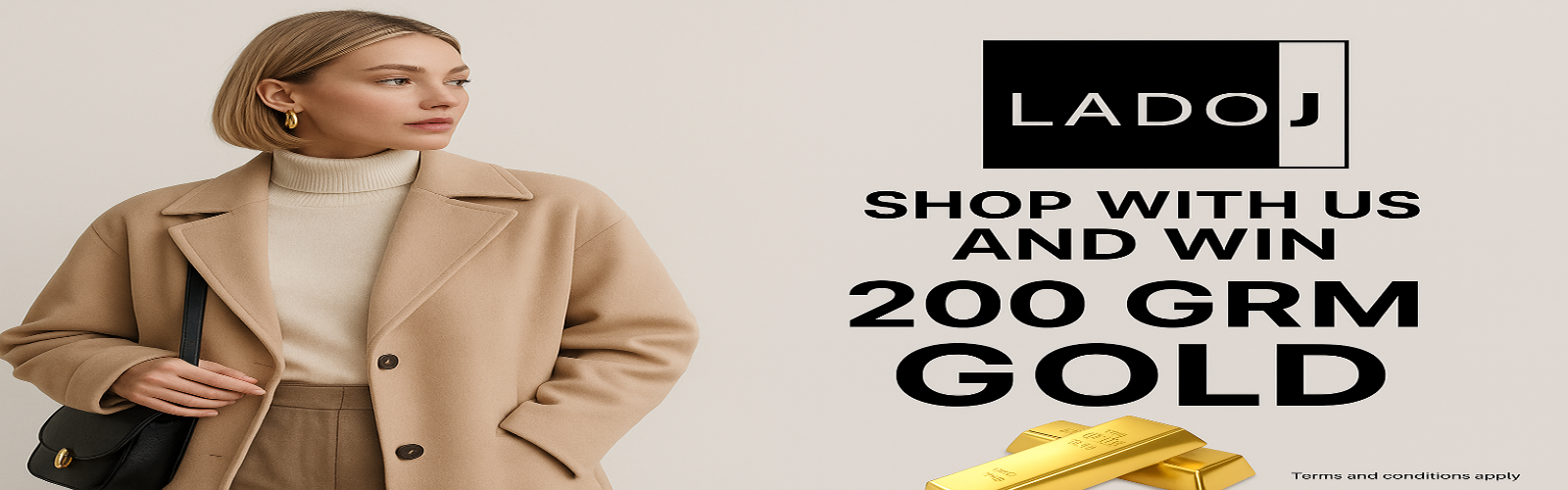 Woman in a beige coat with LADOJ branding and gold promotion text on a light background
