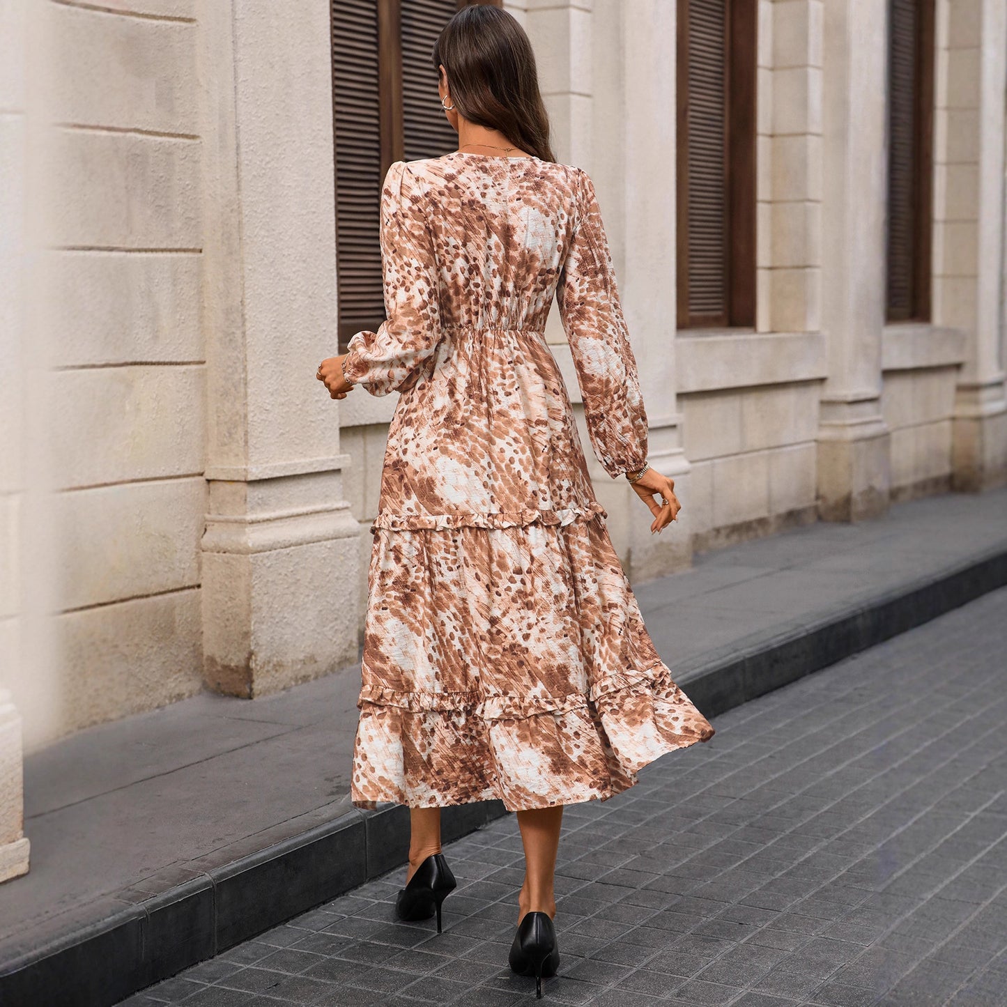Autumn French Long Sleeve V neck Split Print Dress