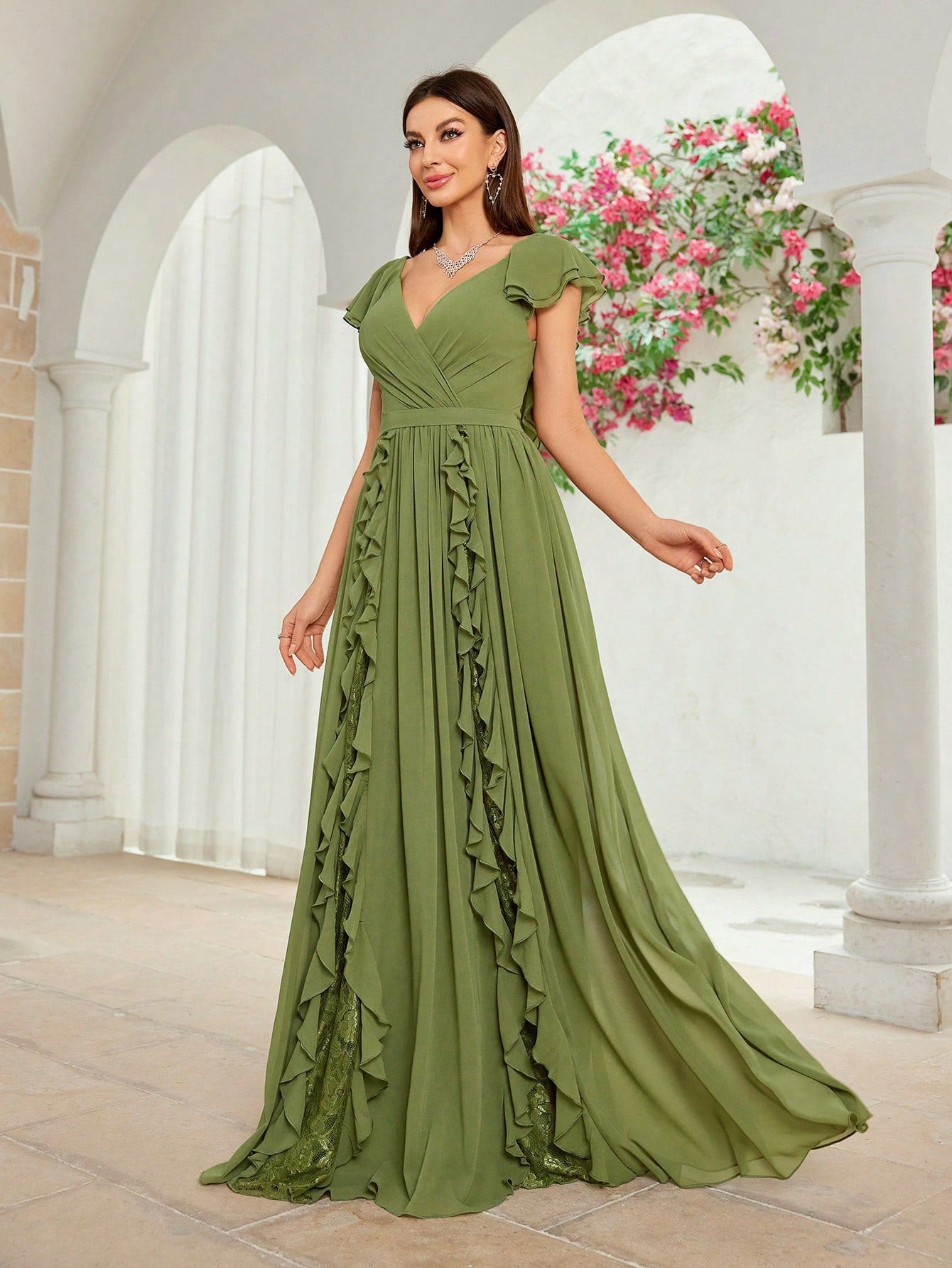 Elegant Ball Fall High End Ruffled V neck Dress