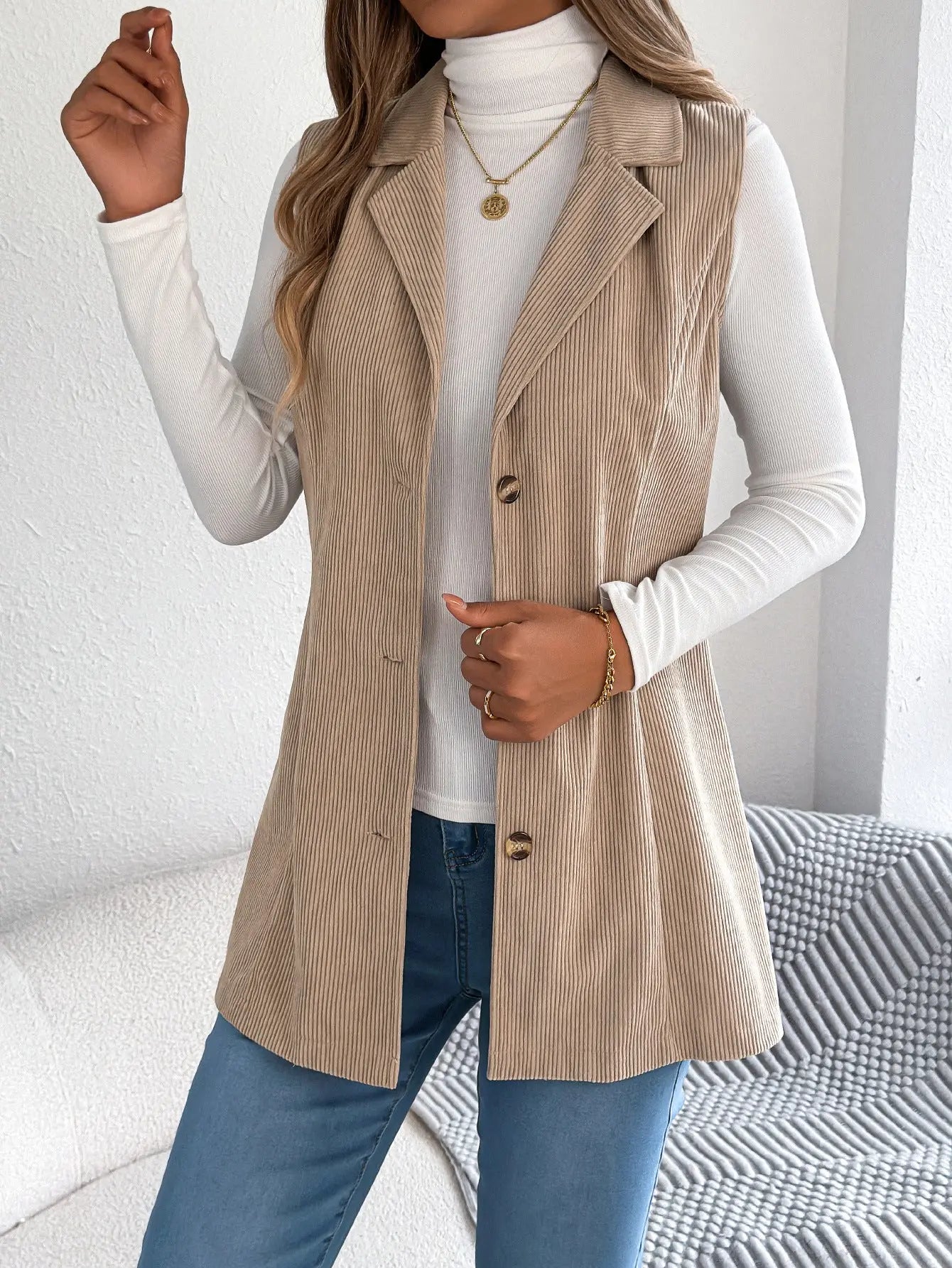 Casual Single Breasted Blazers Collar Corduroy Vest Coat - Ladoj