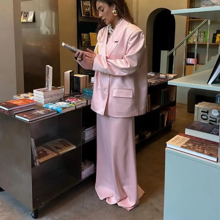 Satin Long Skirt Set Women Collared Long Sleeve Blazer High Grade Two Piece Set - Ladoj