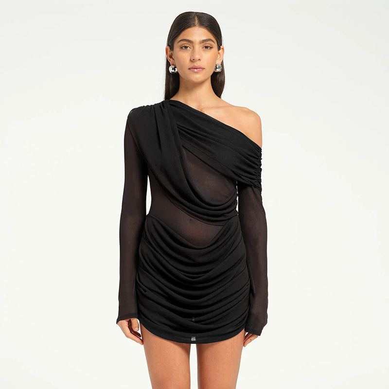 Casual Mesh Shoulder Pleated Long Sleeve Short Dress