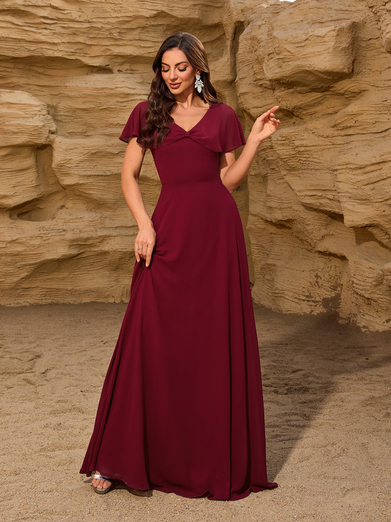 Chiffon V neck Bowknot Shawl Back Zipper a Large Swing Fully Lined Elegant Evening Dress Women