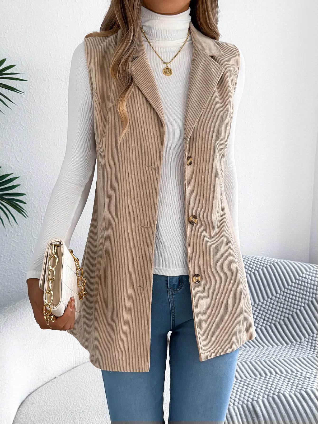 Casual Single Breasted Blazers Collar Corduroy Vest Coat - Ladoj