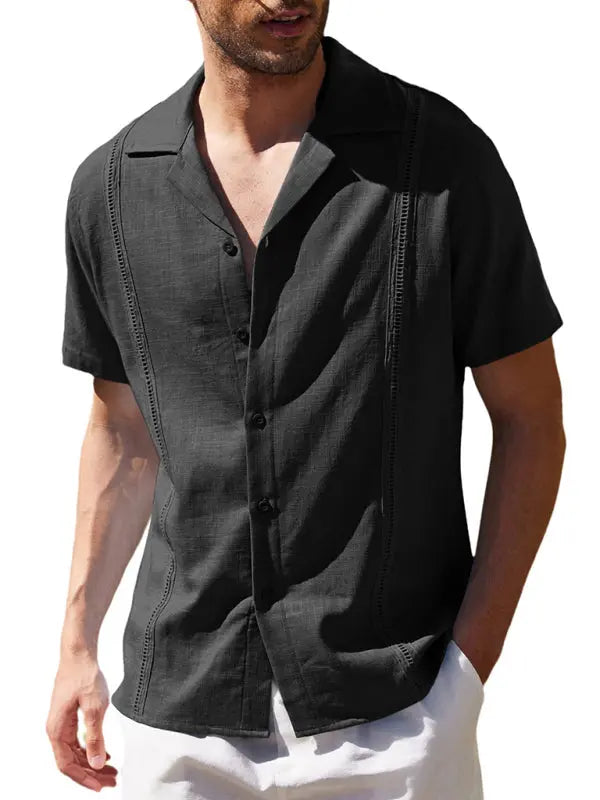 Men's Loose Casual Linen Shirt Cuban Guayabera Short Sleeve Beach Shirt - Ladoj