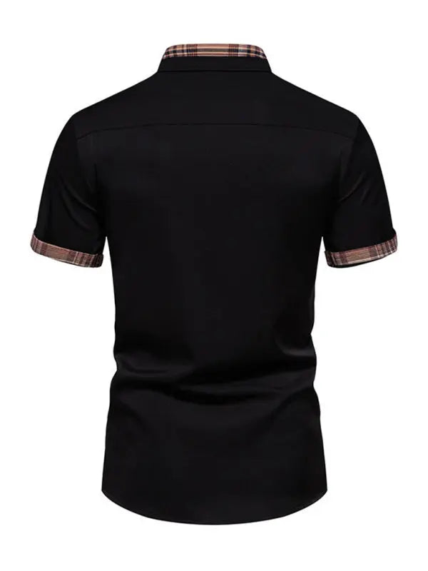 Men's Casual Collar Buttoned Plaid Color Block Short Sleeve Shirt - Ladoj