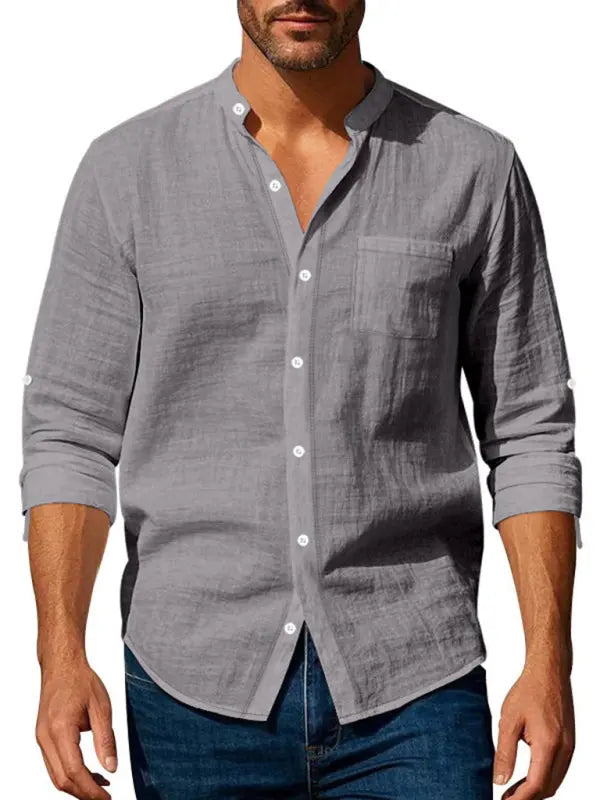 Linen long-sleeved stand-up collar breathable casual men's shirt - Ladoj