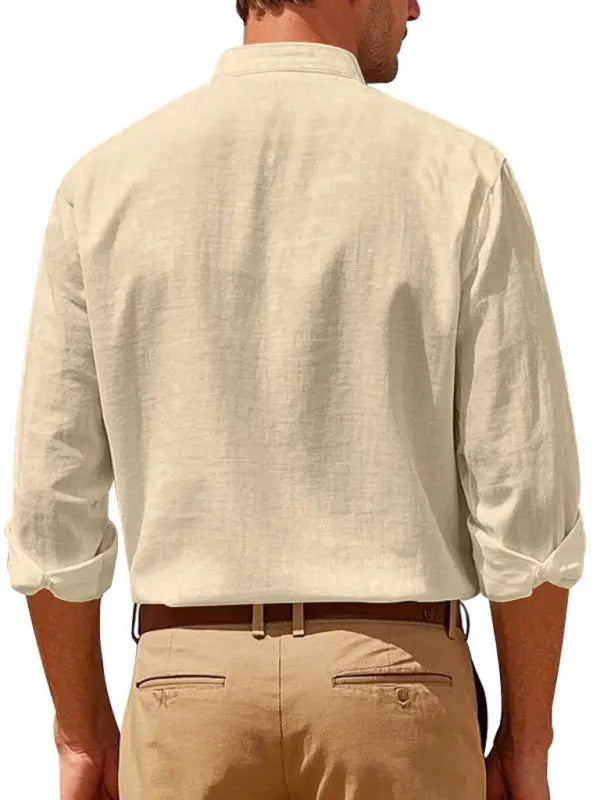 Linen long-sleeved stand-up collar breathable casual men's shirt - Ladoj