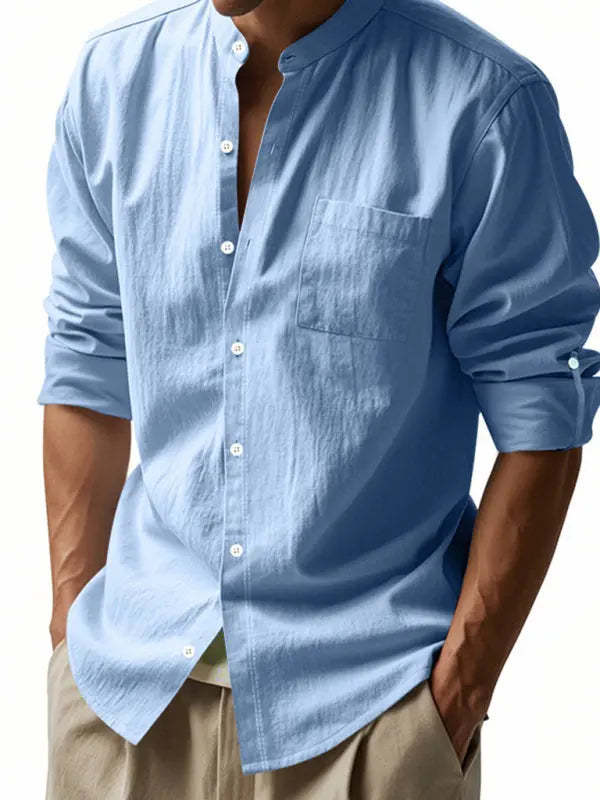 Linen long-sleeved stand-up collar breathable casual men's shirt - Ladoj