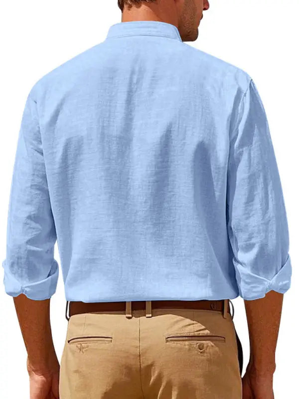 Linen long-sleeved stand-up collar breathable casual men's shirt - Ladoj