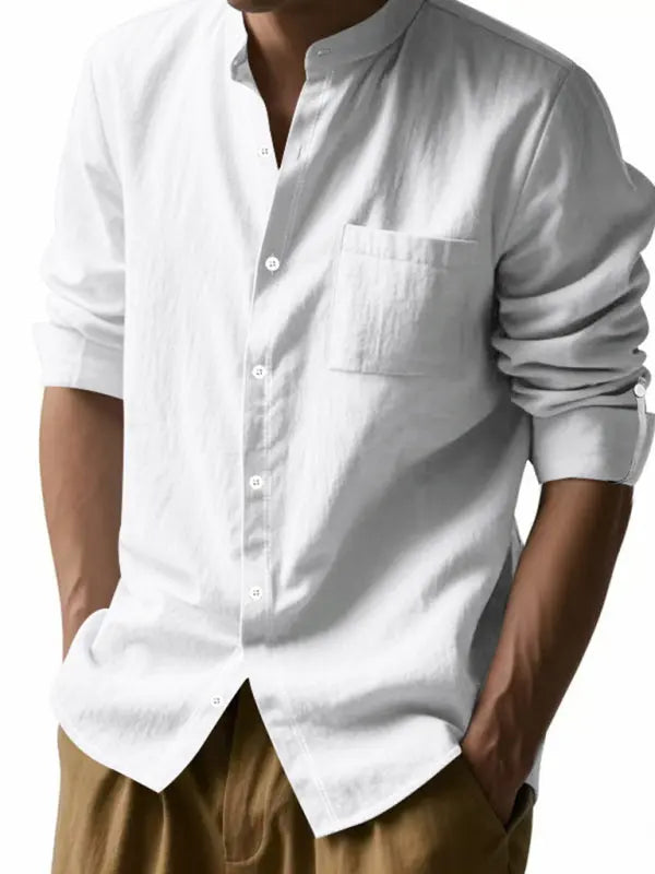 Linen long-sleeved stand-up collar breathable casual men's shirt - Ladoj