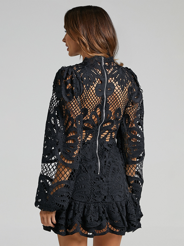 Long Sleeve Waist Gown Short A-line Ruffle Hollow Lace Dresses