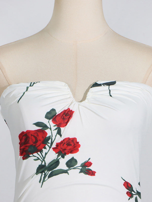 Rose Print Pleated Design Dress