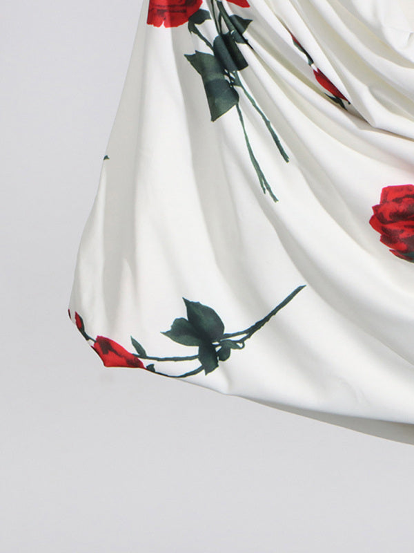 Rose Print Pleated Design Dress