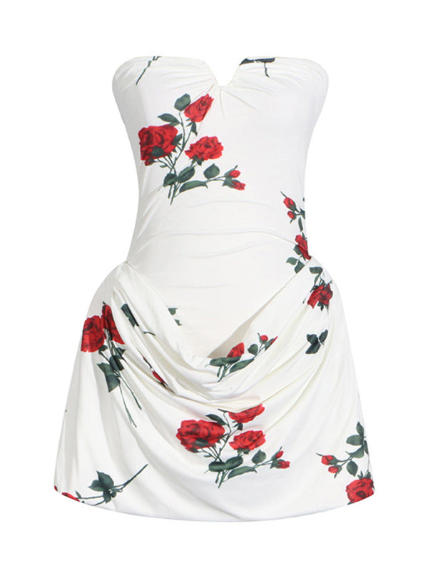Rose Print Pleated Design Dress