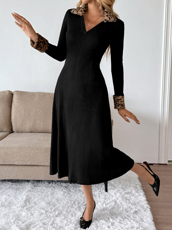 V-neck leopard print colorblock dress