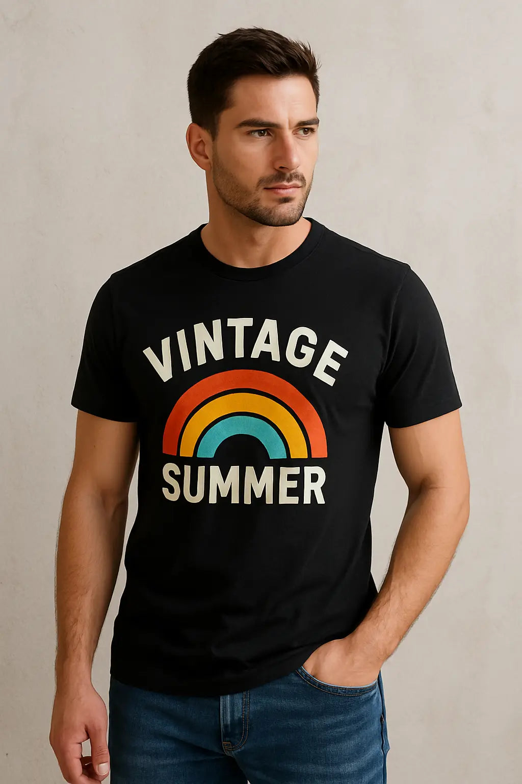 Man wearing a black graphic T-shirt with “Vintage Summer” print, paired with blue jeans, showcasing trendy men’s casual fashion – Ladoj.