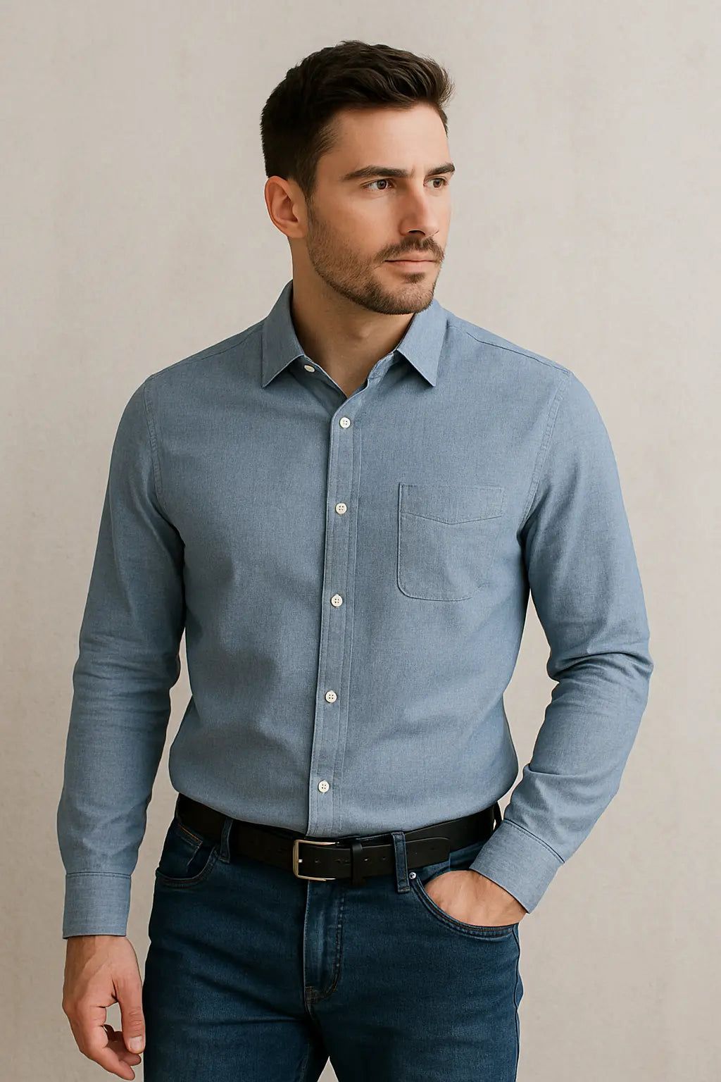 Man wearing a casual button-down shirt styled with jeans, showcasing relaxed and stylish everyday men’s fashion – Ladoj.