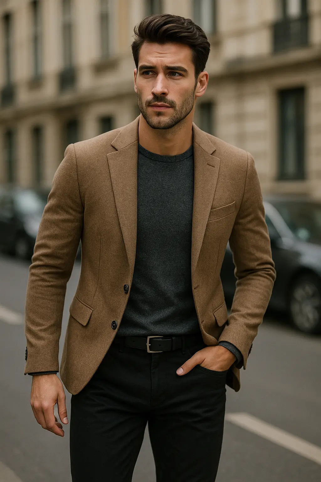 Men’s fashion category image showing classic camel blazer outfit, versatile for office wear and evening style
