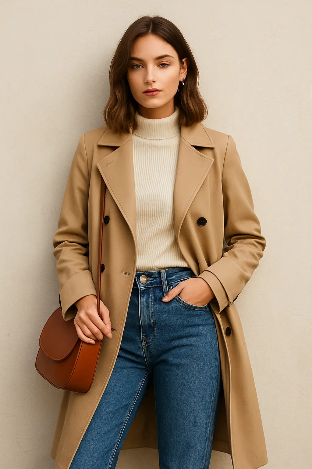 egant women’s beige trench coat with cream turtleneck and leather handbag