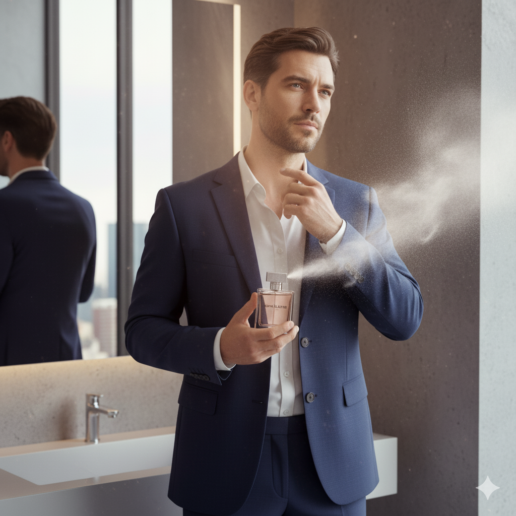 A sharply dressed man in a blue suit and white shirt is applying cologne or perfume to his neck in a modern bathroom. He holds the square glass perfume bottle in his hand, and a light mist is visible as he sprays the fragrance near his collarbone