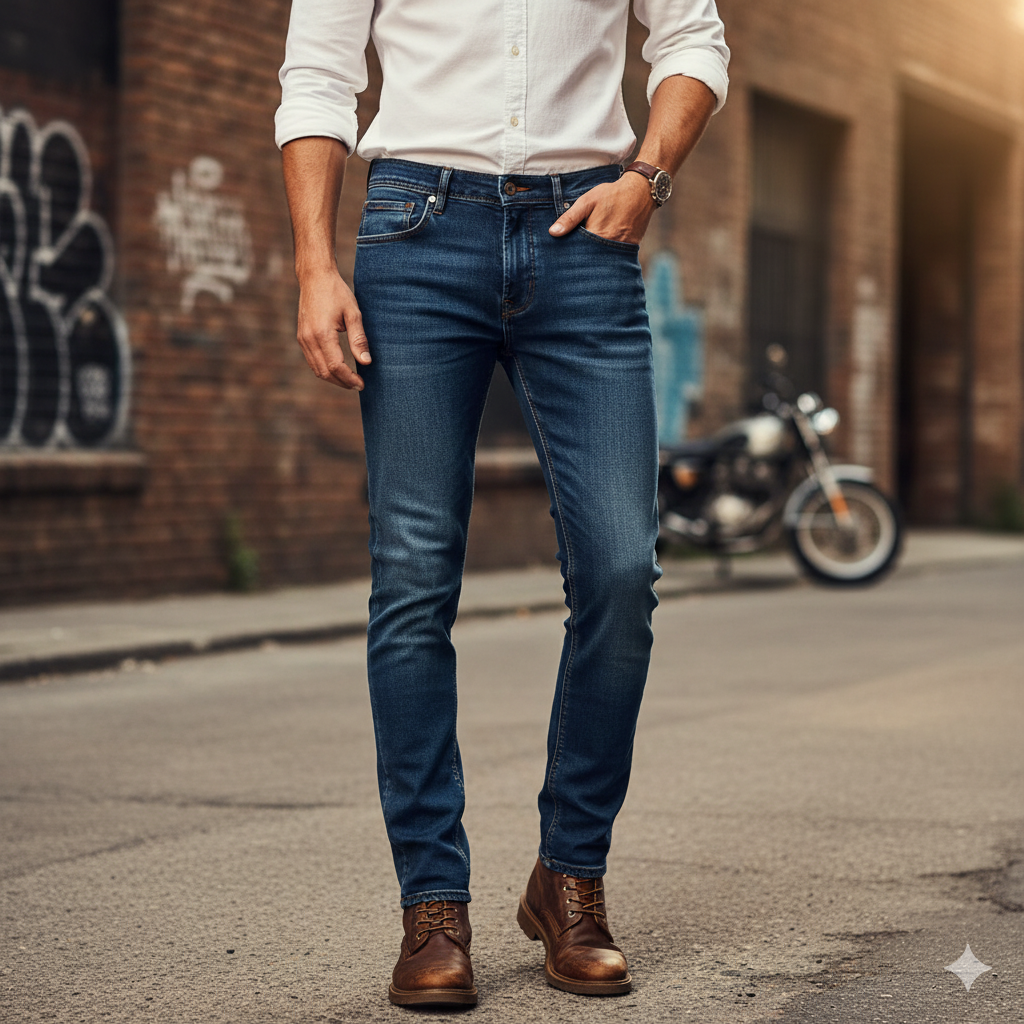 A man wearing dark blue, slim-fit jeans, a white button-down shirt, and brown leather boots stands casually on a street with a brick wall and a motorcycle in the background