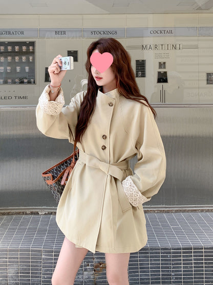 Khaki Short Stand Collar Windbreaker For Women Autumn New Small Super Beautiful Feeling British Style Coat