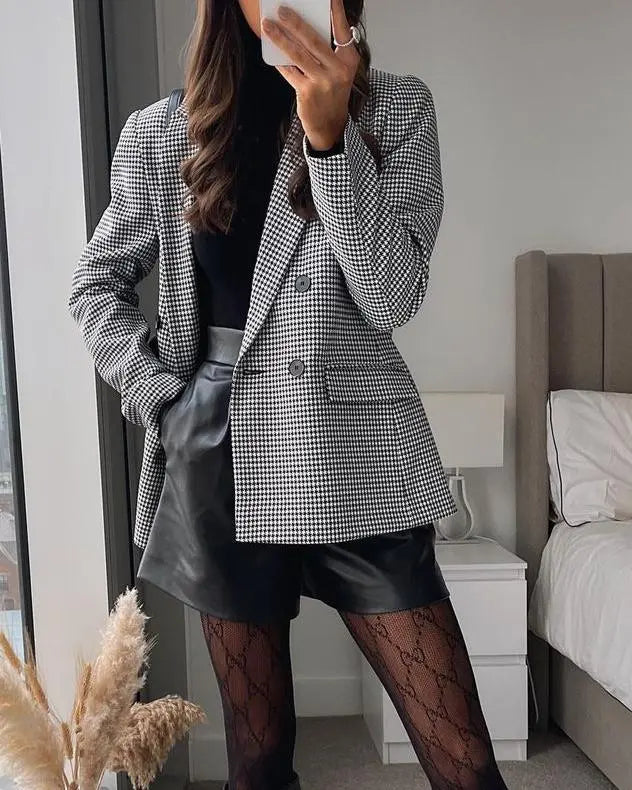 Women Autumn Plaid Double Breasted Coat Personalized Blazers - Ladoj