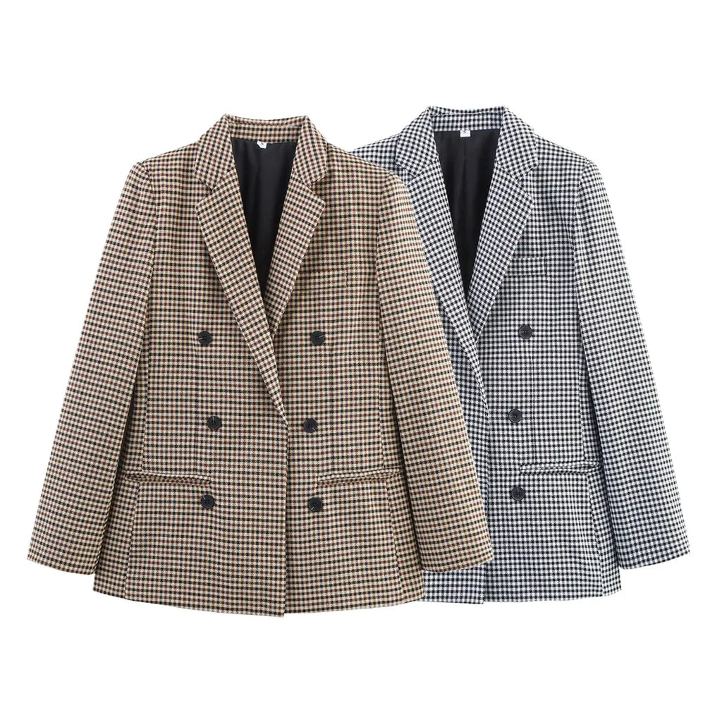 Women Autumn Plaid Double Breasted Coat Personalized Blazers - Ladoj