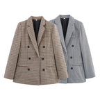 Women Autumn Plaid Double Breasted Coat Personalized Blazers - Ladoj