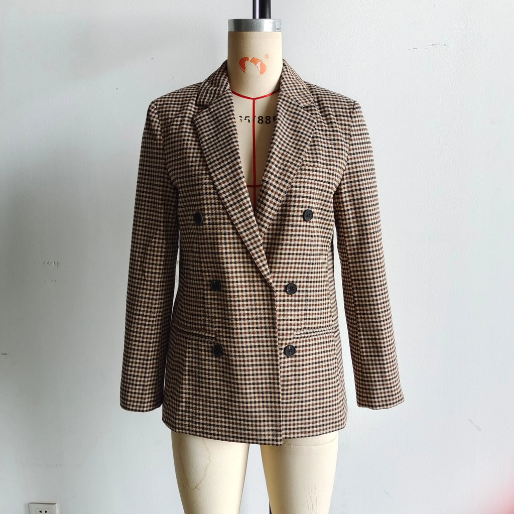 Women Autumn Plaid Double Breasted Coat Personalized Blazers - Ladoj