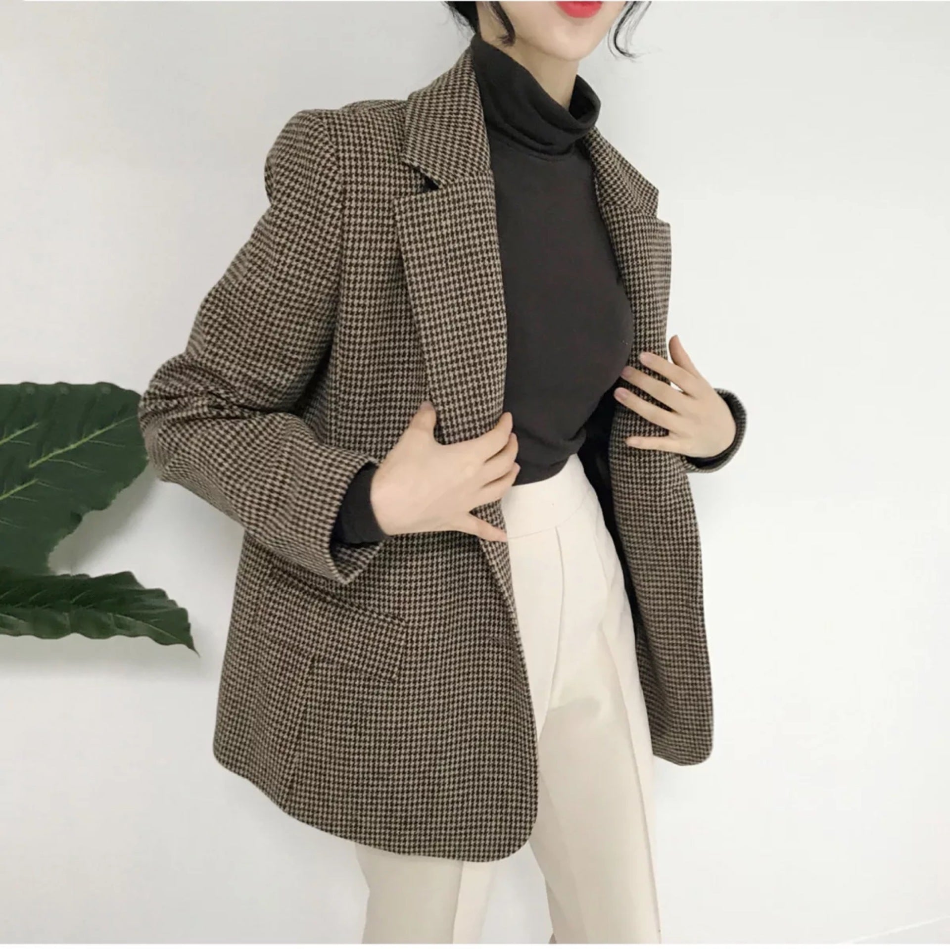 Houndstooth Retro Loose Slimming Woolen Blazer