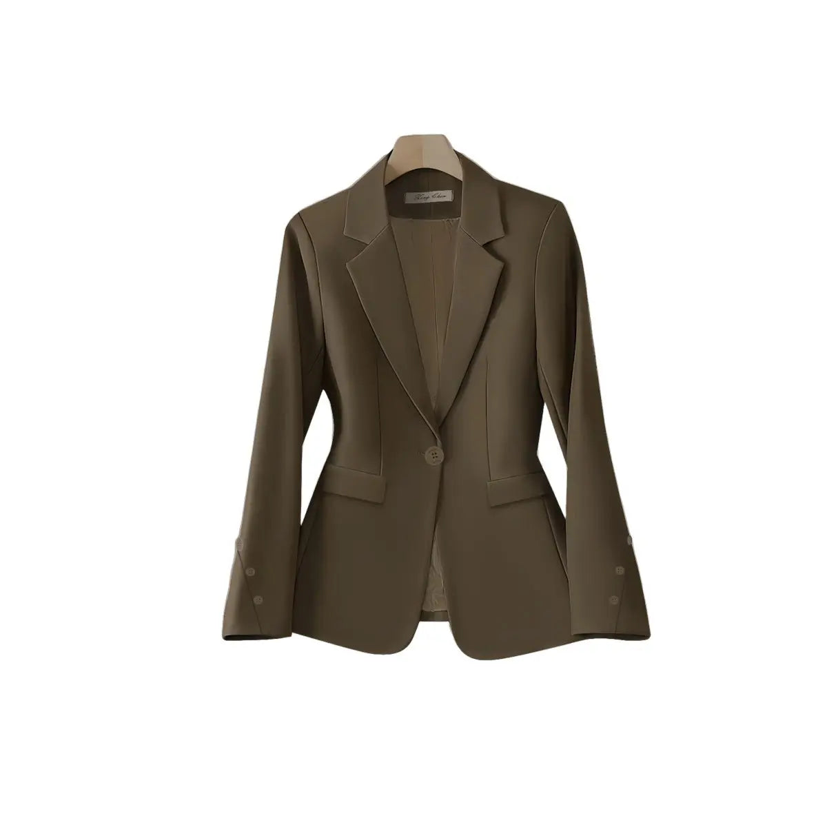 Brown blazer on a hanger with a white background