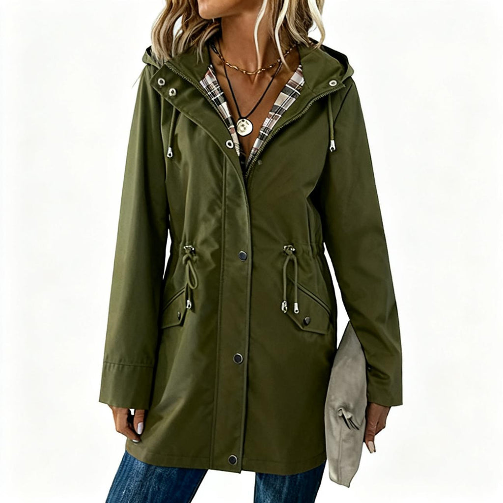 Ladies Hooded Drawstring Nipped-waist Plaid Coat