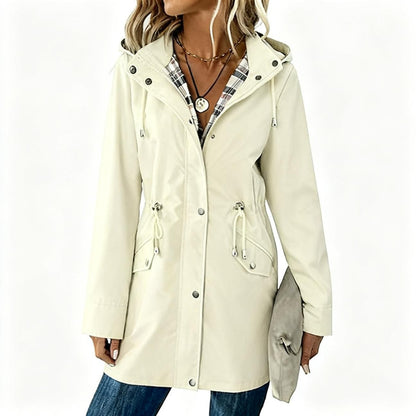 Ladies Hooded Drawstring Nipped-waist Plaid Coat