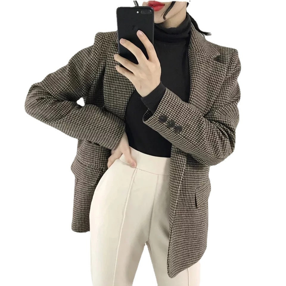Houndstooth Retro Loose Slimming Woolen Blazer Imagen secundaria del producto
