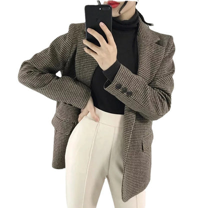 Houndstooth Retro Loose Slimming Woolen Blazer