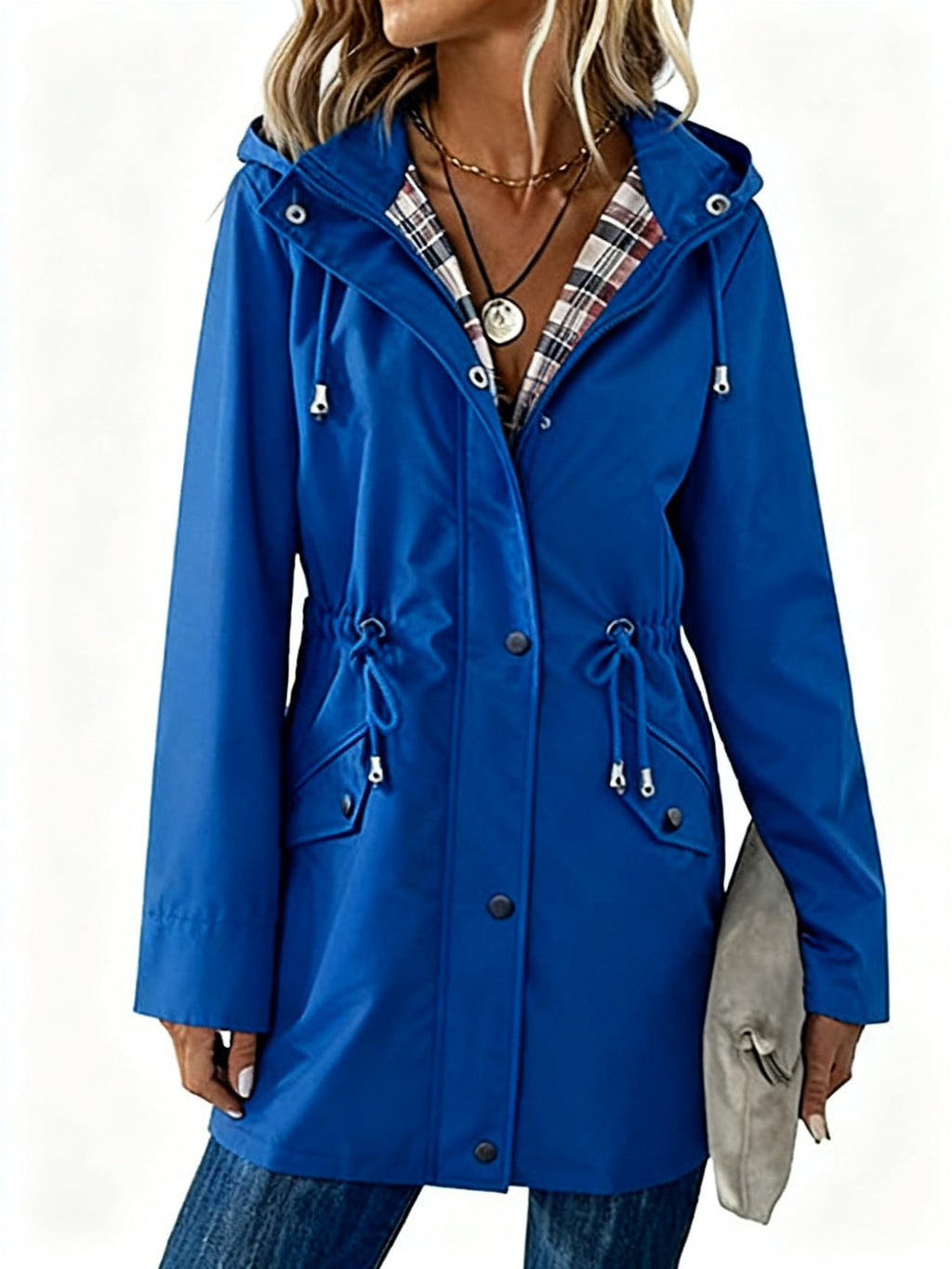 Ladies Hooded Drawstring Nipped-waist Plaid Coat