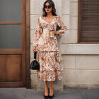 Autumn French Long Sleeve V neck Split Print Dress Khaki 4