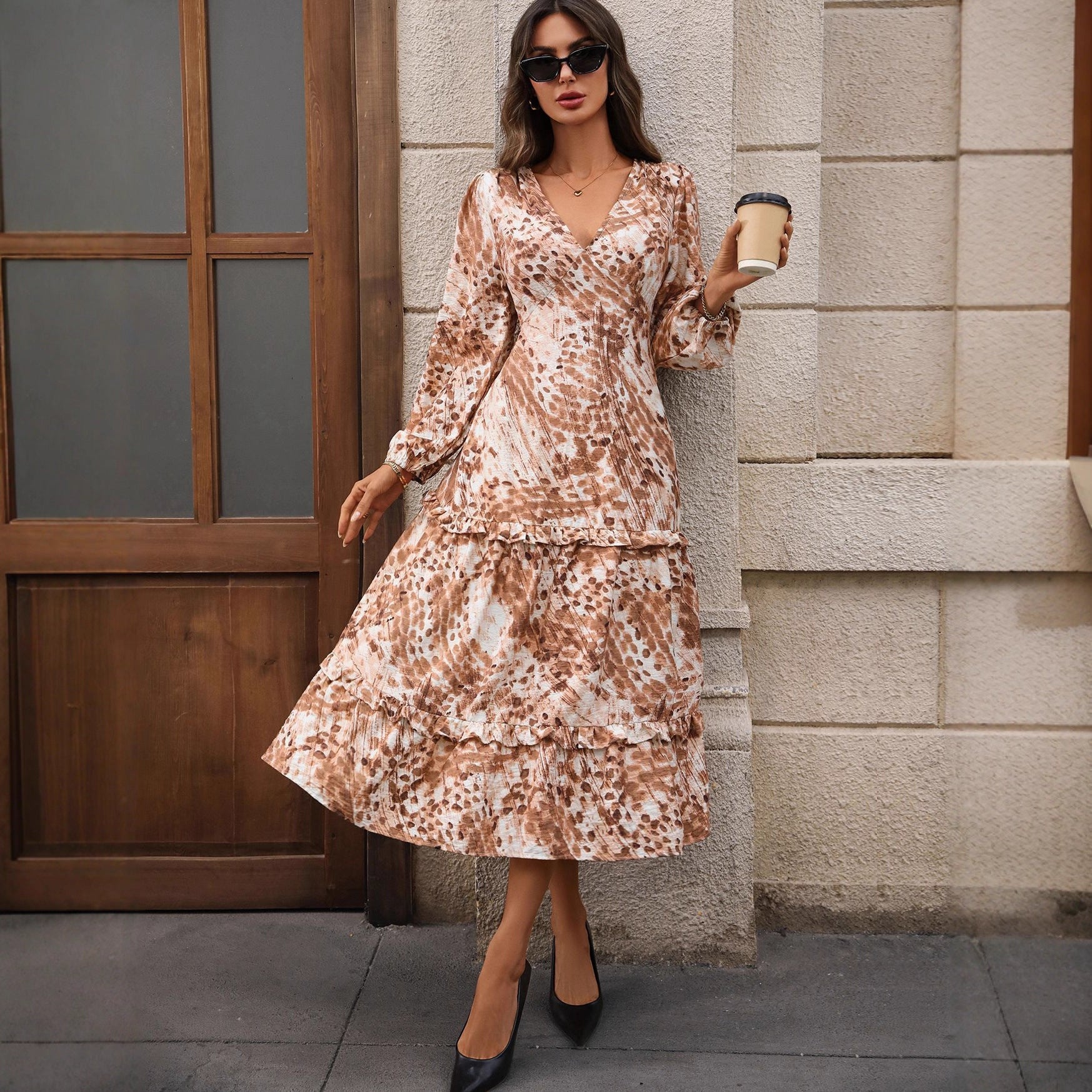 Autumn French Long Sleeve V neck Split Print Dress Khaki 1