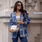 Autumn Plaid Blazer Women Blue Clothing - Ladoj