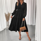 Autumn Sweet Elegant V neck Tight Waist Lace Long Sleeve Solid Color Dress 8