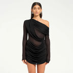 Casual Mesh Shoulder Pleated Long Sleeve Short Black Dress 