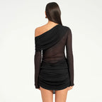 Casual Mesh Shoulder Pleated Long Sleeve Short Black Dress 2