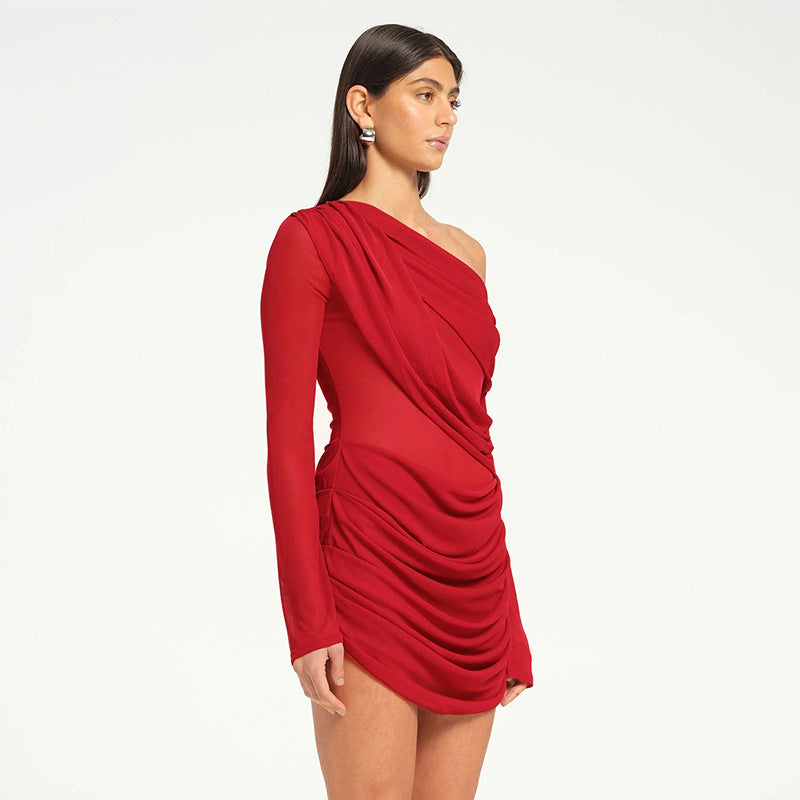 Casual Mesh Shoulder Pleated Long Sleeve Short Red Dress 2