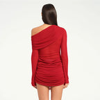 Casual Mesh Shoulder Pleated Long Sleeve Short Red Dress 3