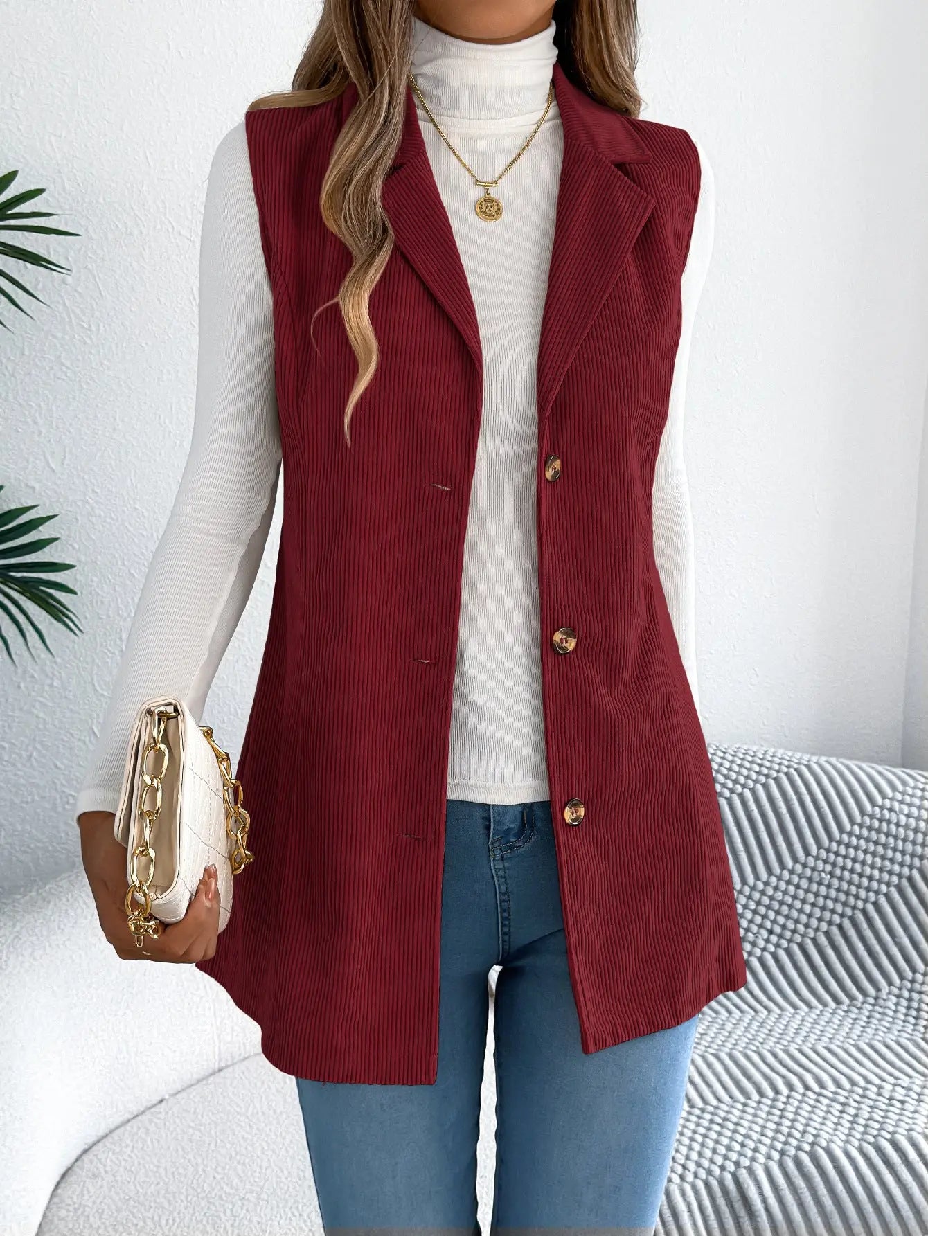 Casual Single Breasted Blazers Collar Corduroy Vest Coat - Ladoj10