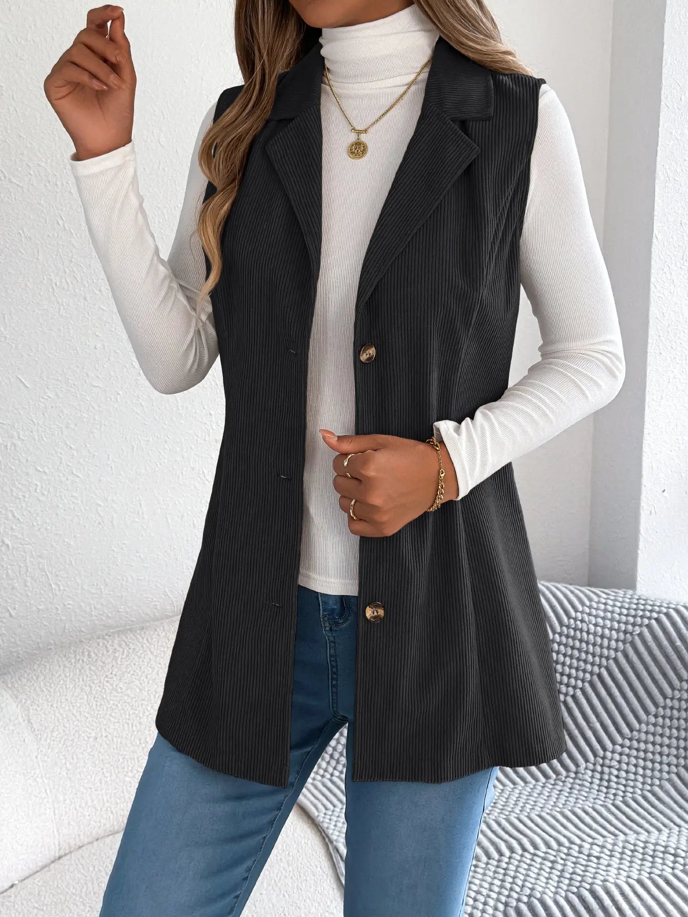 Casual Single Breasted Blazers Collar Corduroy Vest Coat - Ladoj11