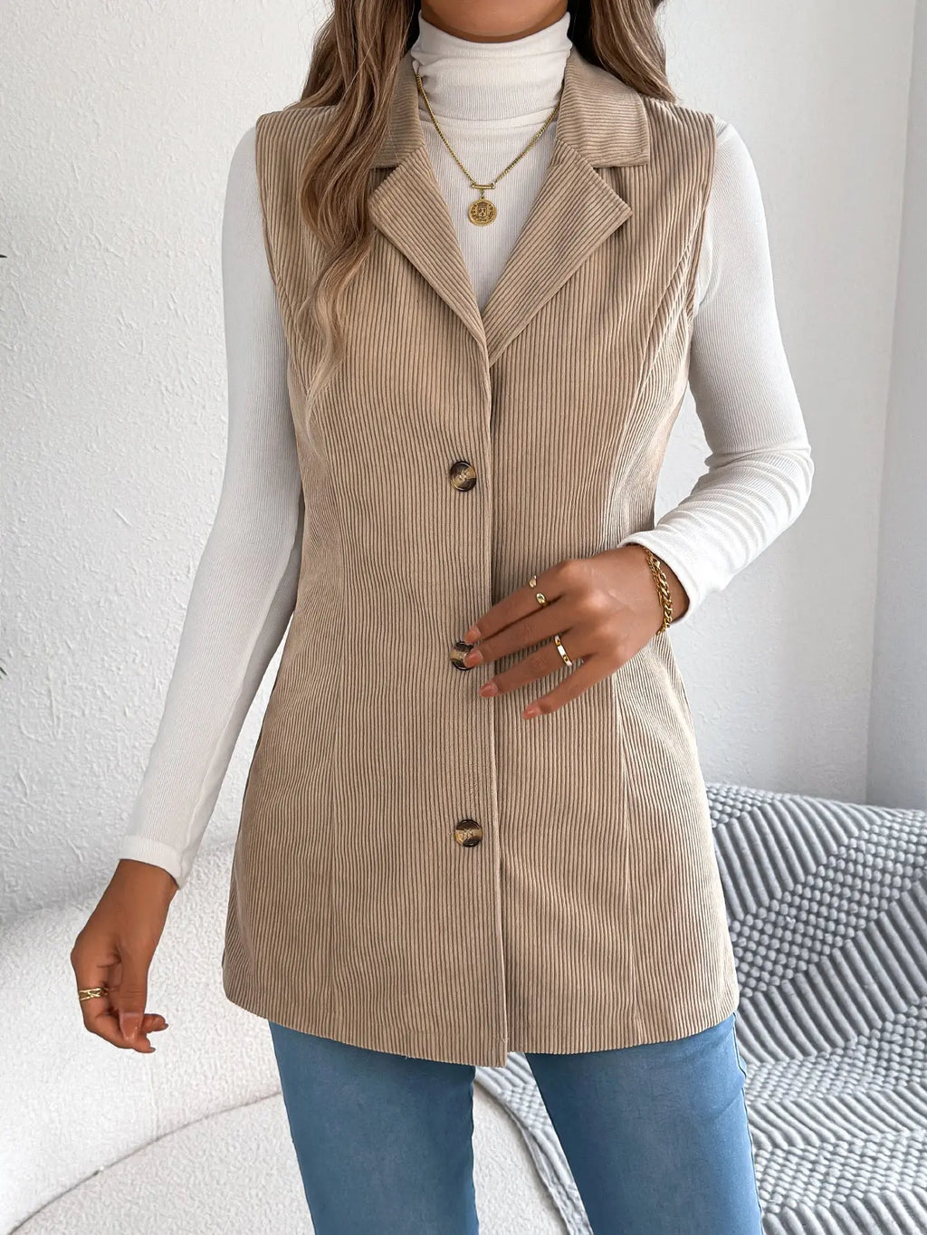 Casual Single Breasted Blazers Collar Corduroy Vest Coat - Ladoj3